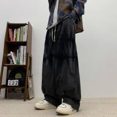 American Hip Hop Distressed Tie Dye Straight Jeans Men's Trendy Loose Wide Leg Casual Pants