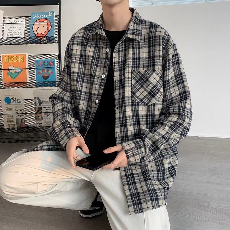 Spring, autumn and winter plaid long-sleeved men's youth popular versatile Harajuku new loose-fitting shirts men's shirts