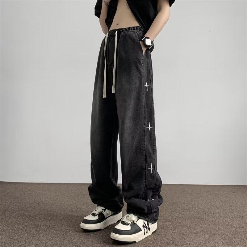 Star black jeans men's design straight-leg washed distressed niche high street pants trendy brand