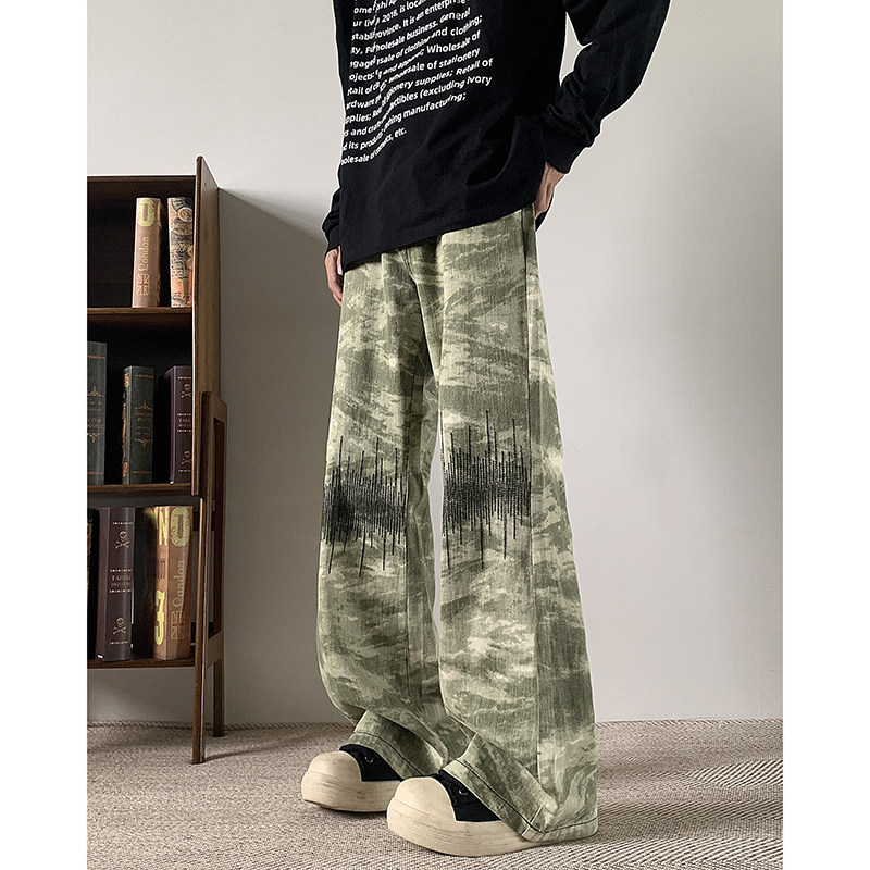 Autumn new Hong Kong style American high street ins trendy brand camouflage straight casual jeans for men