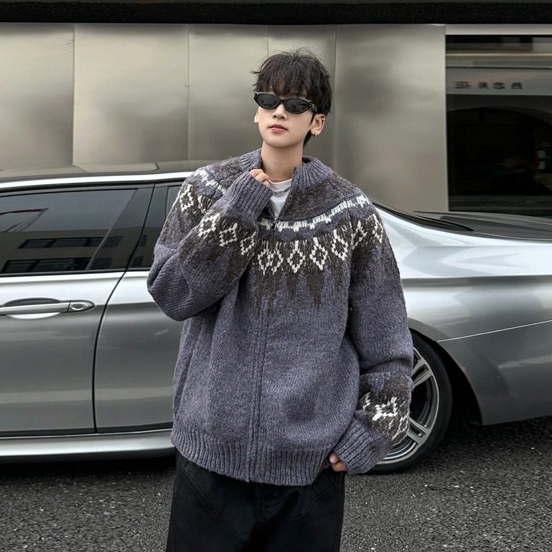 Fair Isle thickened turtleneck cardigan sweater short men's and women's fashionable casual trend versatile jacket