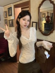 Pure Desire Hot Girl Bow V-neck Lace Pants Top Women's Short Versatile Bottoming Long Sleeve T-Shirt