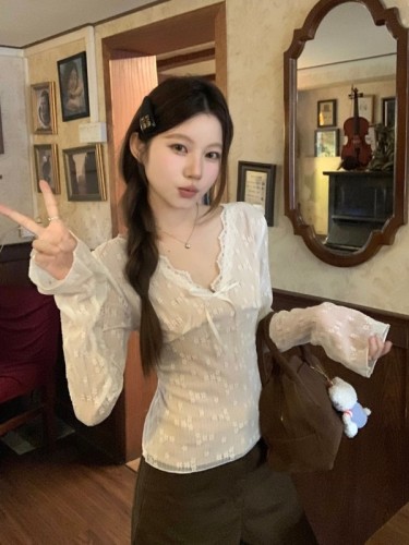 Pure Desire Hot Girl Bow V-neck Lace Pants Top Women's Short Versatile Bottoming Long Sleeve T-Shirt