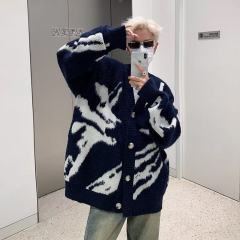 American retro flocked cardigan sweater sweater men's autumn loose high street hip-hop jacket V-neck