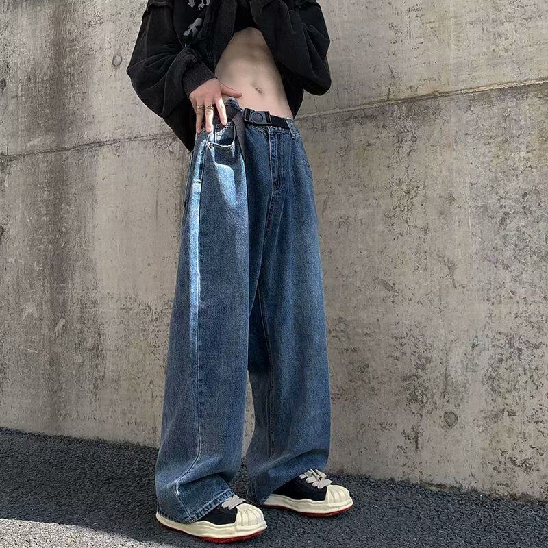 Belted jeans for men Korean style trendy and handsome loose winter new ins trousers