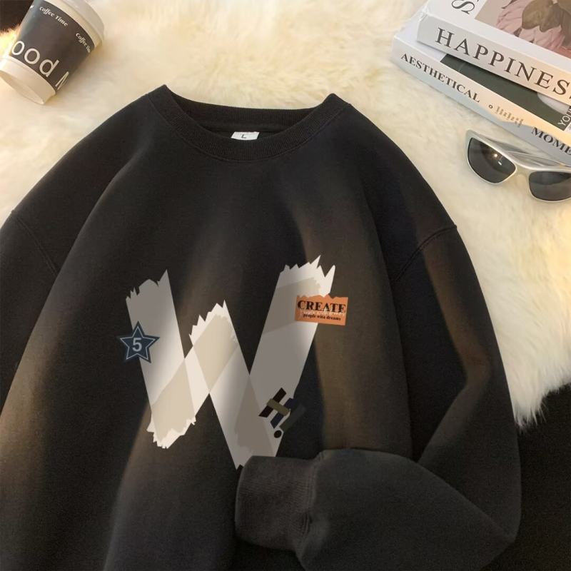 New American style spring and autumn bottoming men's English W letter H printed casual sweatshirt