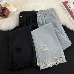 American vibe pants high street black ripped slightly flared straight leg raw edge jeans for men