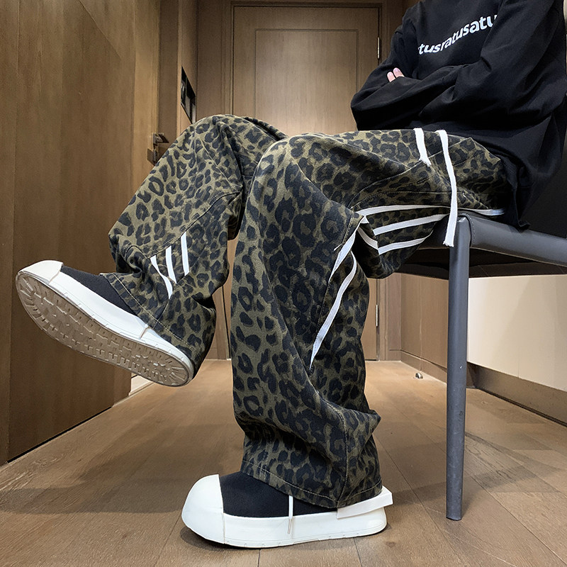 New American Retro Washed Leopard Jeans Striped Trendy Casual Pants