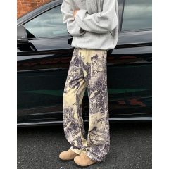 American street retro printed jeans for men vintage trendy brand design loose wide leg pants