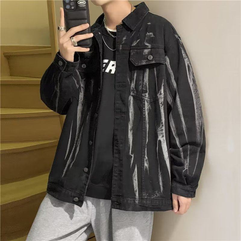 High street tie-dye denim jacket men's Hong Kong style loose handsome top spring and autumn trendy brand personalized casual workwear jacket