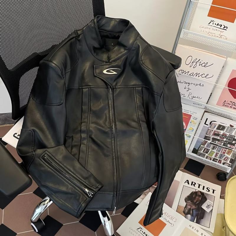Autumn niche high-end stand-up motorcycle leather jacket for men with loose shoulder pads, trendy and versatile
