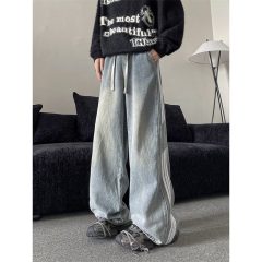 Velvet three-stripe high street jeans for men, Korean style trendy and handsome winter ins trousers