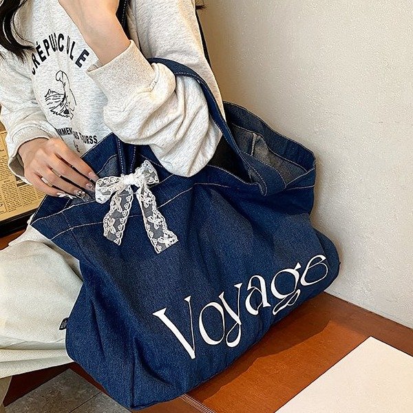 Large-capacity denim bag tote bag double-sided shoulder bag casual yoga bag student school bag shopping bag