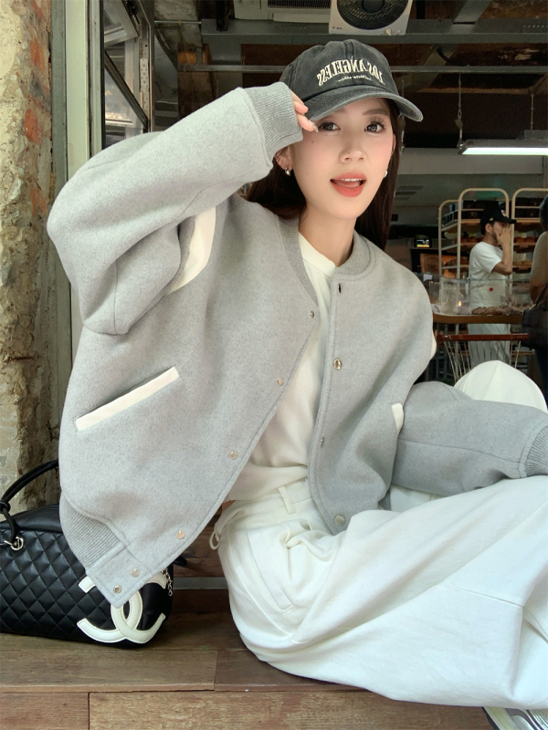 Colorblock woolen baseball jacket women's autumn and winter 2024 new Korean style versatile design top