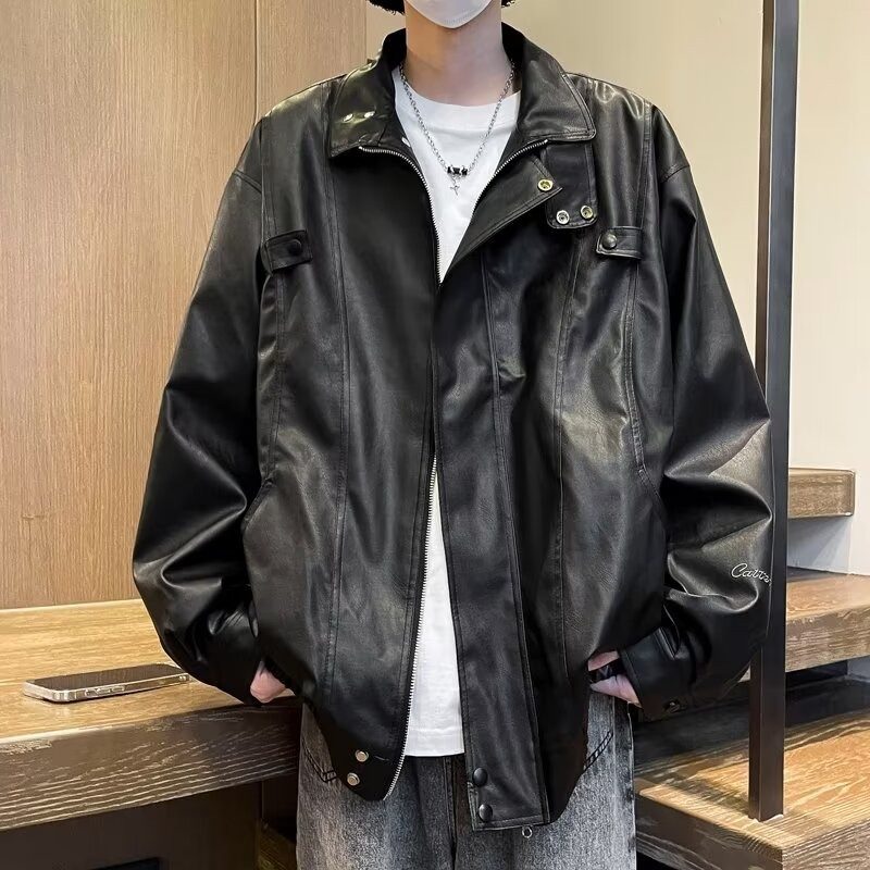 American ins retro leather jacket men's spring and autumn handsome loose and versatile casual PU leather work jacket