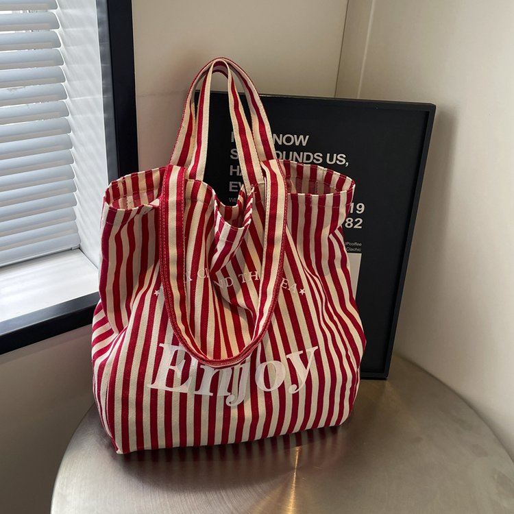 Korean style large-capacity red striped tote bag one-shoulder letter canvas bag casual lazy style student handbag