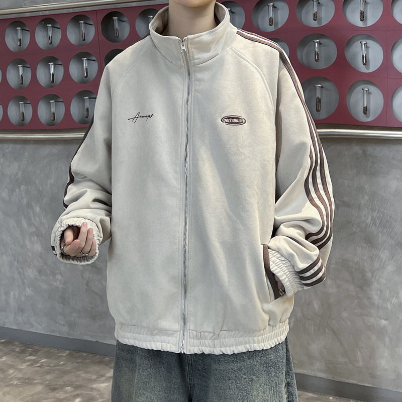 American three-stripe stand-up collar jacket for men in spring and autumn loose cardigan sweatshirt casual sports coat