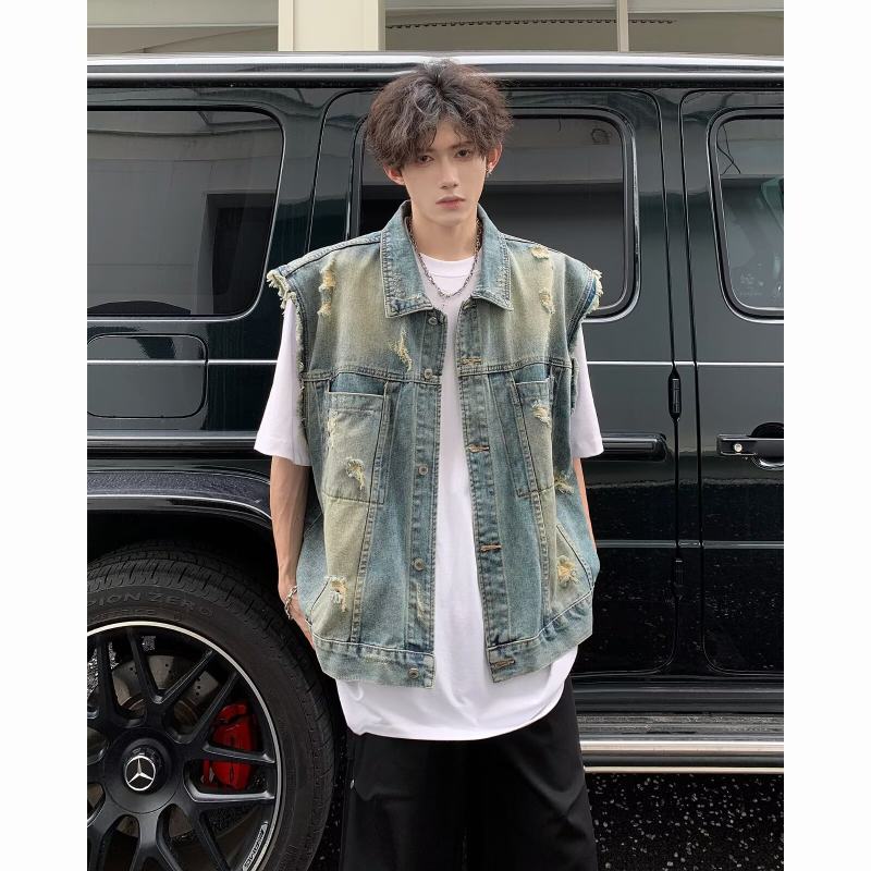 Early autumn retro raw edge denim vest washed frayed waistcoat vest jacket