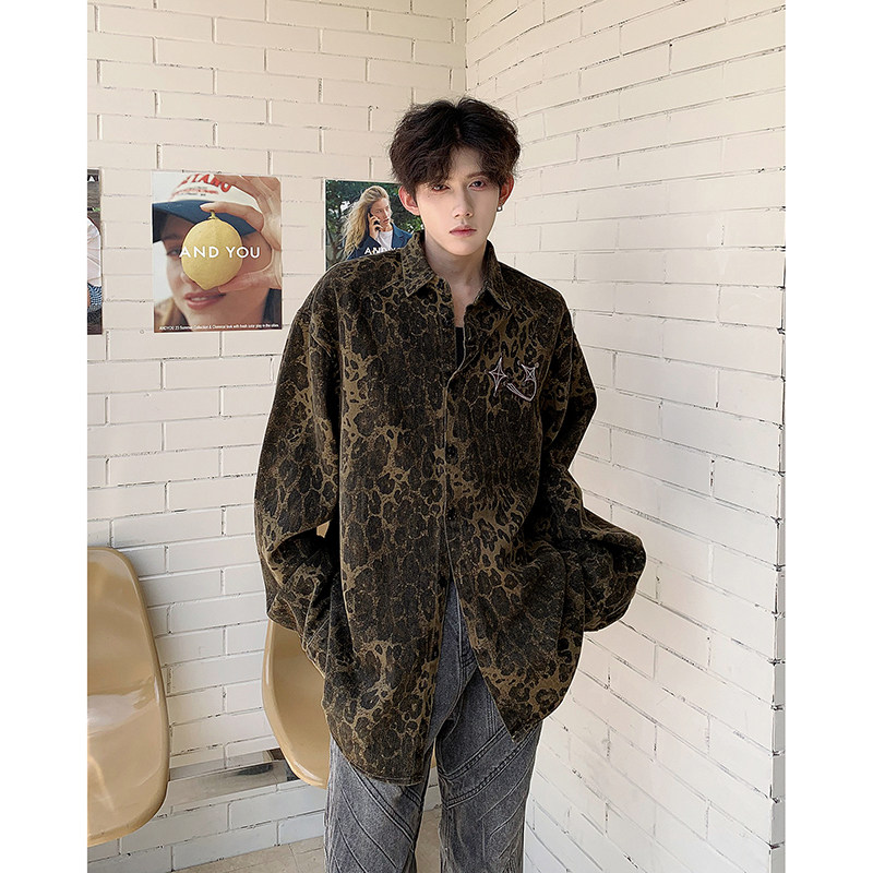Original spring and autumn new high street American retro leopard print washed denim shirt men's loose jacket trendy lining