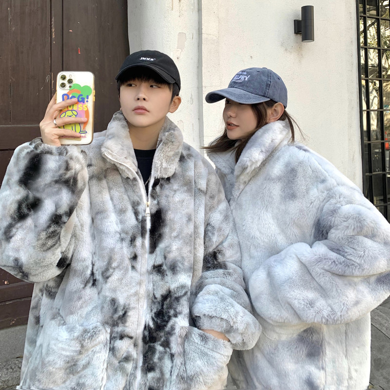 Couple style lamb wool cotton-padded jacket for men, national trend tie-dye Hong Kong style plush jacket for men