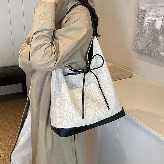 Korean style new bow tie shoulder bag niche design canvas splicing handbag simple commuter tote bag