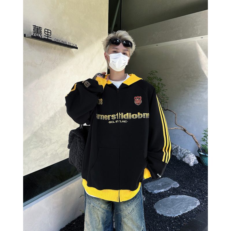 American retro three-stripes contrasting color zipper hooded sweatshirt for men autumn brand cardigan top