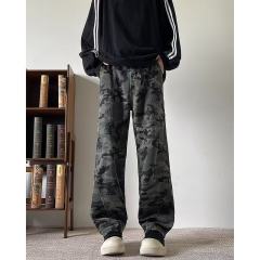 Camouflage style American retro high street subculture wasteland style distressed washed straight jeans