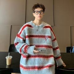 Autumn and winter new Korean style retro contrasting striped sweater men's loose casual lazy style sweater