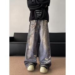 American High Street Distressed Wasteland Style 3D Printed Chain Jeans Men's Loose Wide Leg Pants