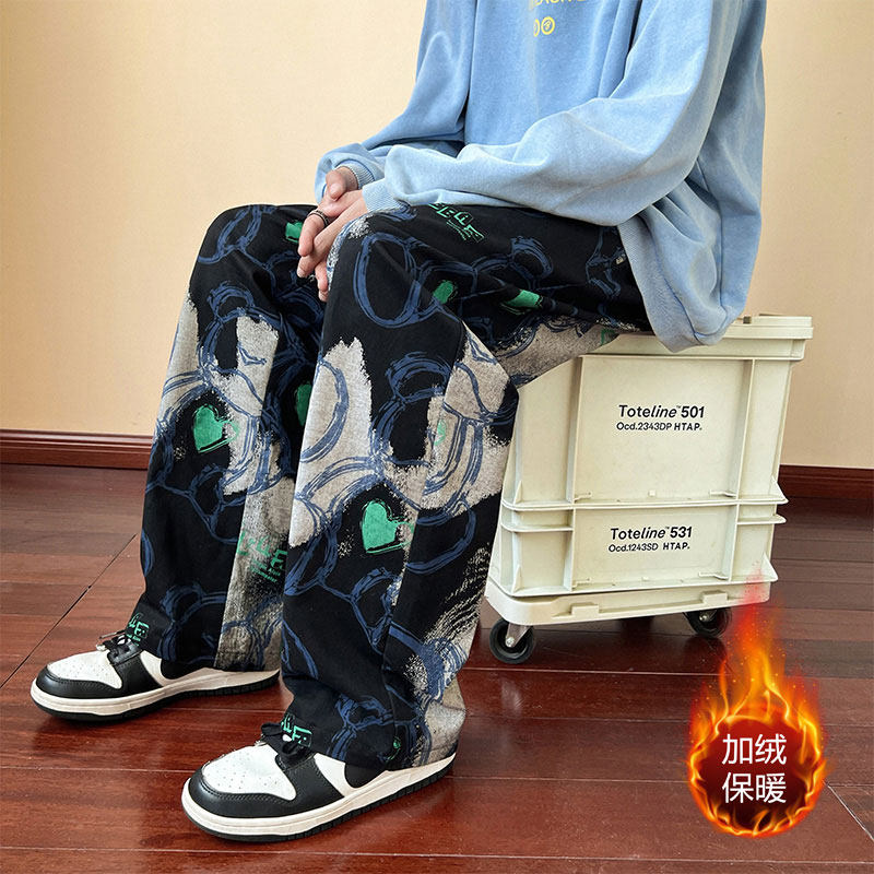 Winter velvet bear print all-over printed body casual pants youthful and trendy pure cotton straight pants