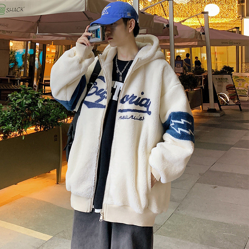 Autumn and winter new style hooded granular velvet cotton jacket plus velvet and thickened lamb velvet embroidered cotton coat for trendy men