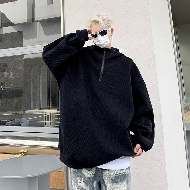 Half-zip sweatshirt men's autumn solid color trendy loose heavy coat ins trendy brand hooded clothes