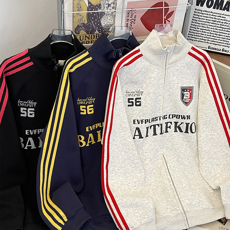 New American three-stripe stand-up collar sweatshirt loose badge zipper jacket for students