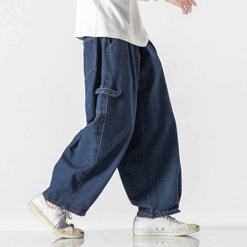 Summer plus size Hong Kong style Japanese denim casual work wear wide leg straight floor mopping logging pants American style