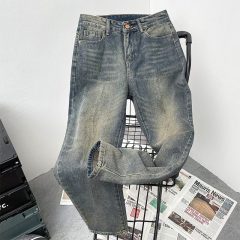 Japanese washed cat scratch distressed retro jeans, trendy and versatile, loose straight slim casual pants