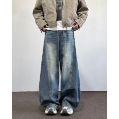 American high street profile wide leg jeans for men, trendy brand deconstructed washed loose casual floor mopping trousers