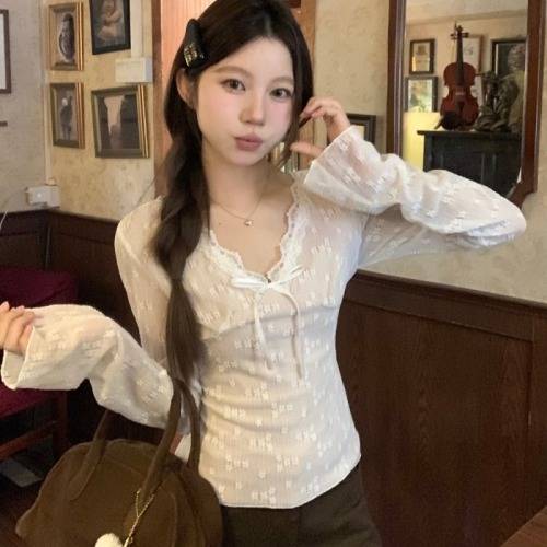 Pure Desire Hot Girl Bow V-neck Lace Pants Top Women's Short Versatile Bottoming Long Sleeve T-Shirt