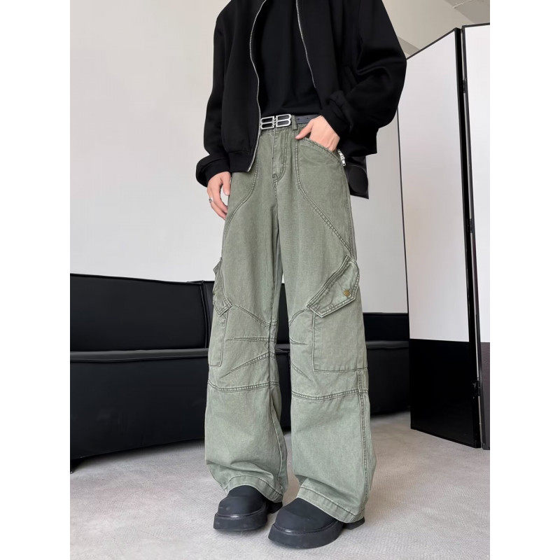 Military green overalls for men, spring and summer loose straight-leg pants, trendy brand paratrooper pants, wide-leg pants