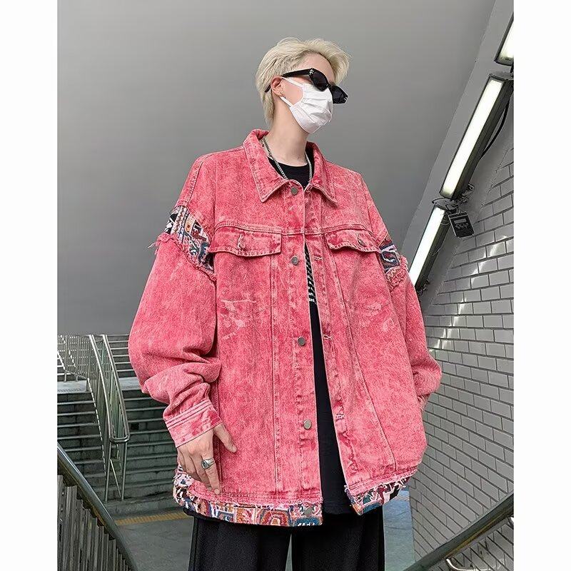 Denim jacket men's Korean style trendy stitching high street handsome versatile autumn and winter ins jacket