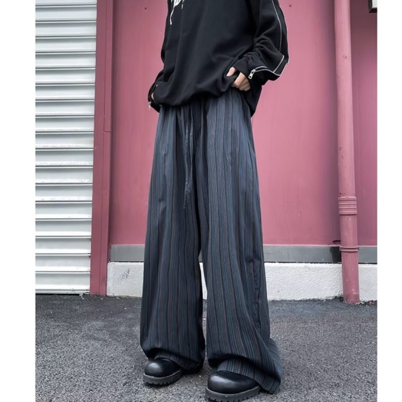 Retro vertical striped machete pants for men, loose straight fit, casual design, wide-leg floor mopping