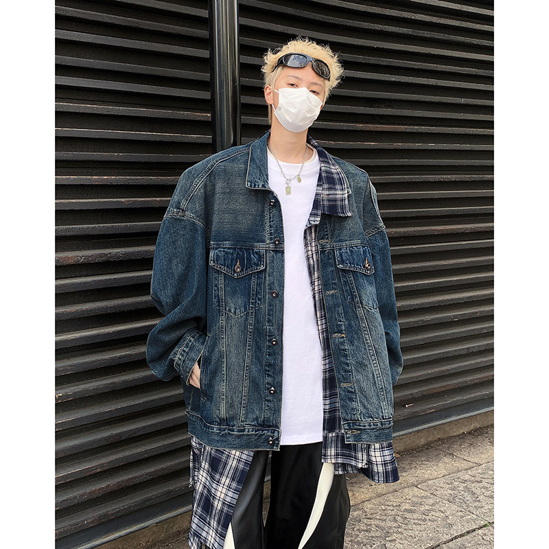 Fake two-piece denim jacket for men in spring and autumn new style American retro splicing high-end loose casual jacket