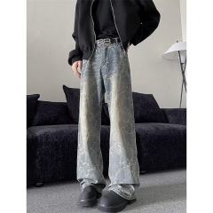 High Street Jeans Men's Korean Style Trendy Jacquard Handsome and Versatile Winter Ins Pants