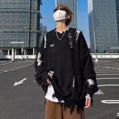 Irregular hole crew neck sweater men's autumn and winter street lazy style loose sweater