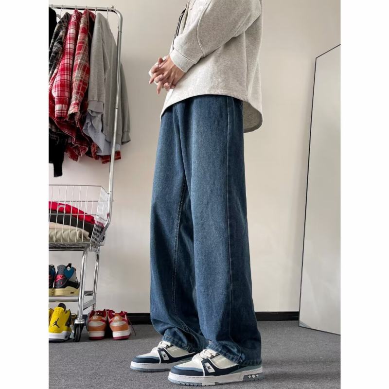 High street washed jeans men's straight-leg versatile trendy brand handsome loose wide-leg pants