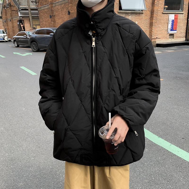 Diamond lattice stand collar warm cotton coat for men in winter thickened simple loose cotton coat