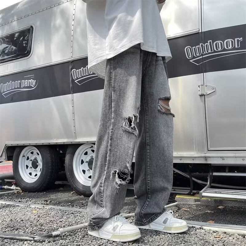 Trendy high street European and American style retro ripped jeans for men and women straight loose wide leg floor mopping pants
