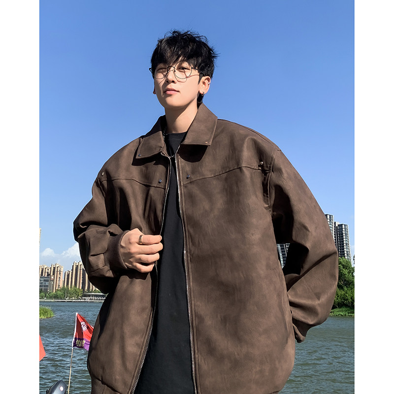 American retro lapel leather jacket for men in autumn new trendy brand loose suede jacket casual jacket pu leather clothes