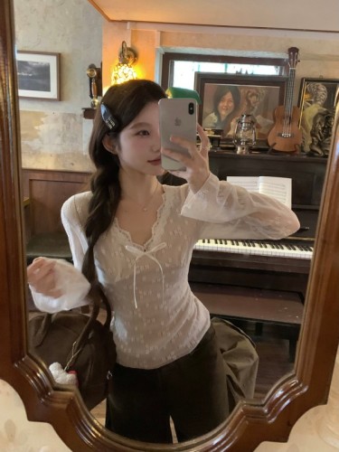 Pure Desire Hot Girl Bow V-neck Lace Pants Top Women's Short Versatile Bottoming Long Sleeve T-Shirt