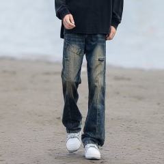 Spliced ​​jeans men's trendy high street retro blue bootcut workwear denim trousers semi-elastic