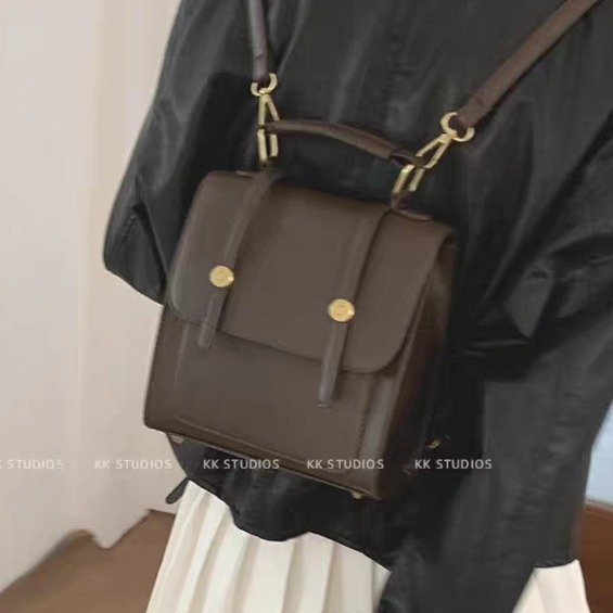 Niche American retro backpack British diagonal buckle small square bag commuter student brown small backpack new style